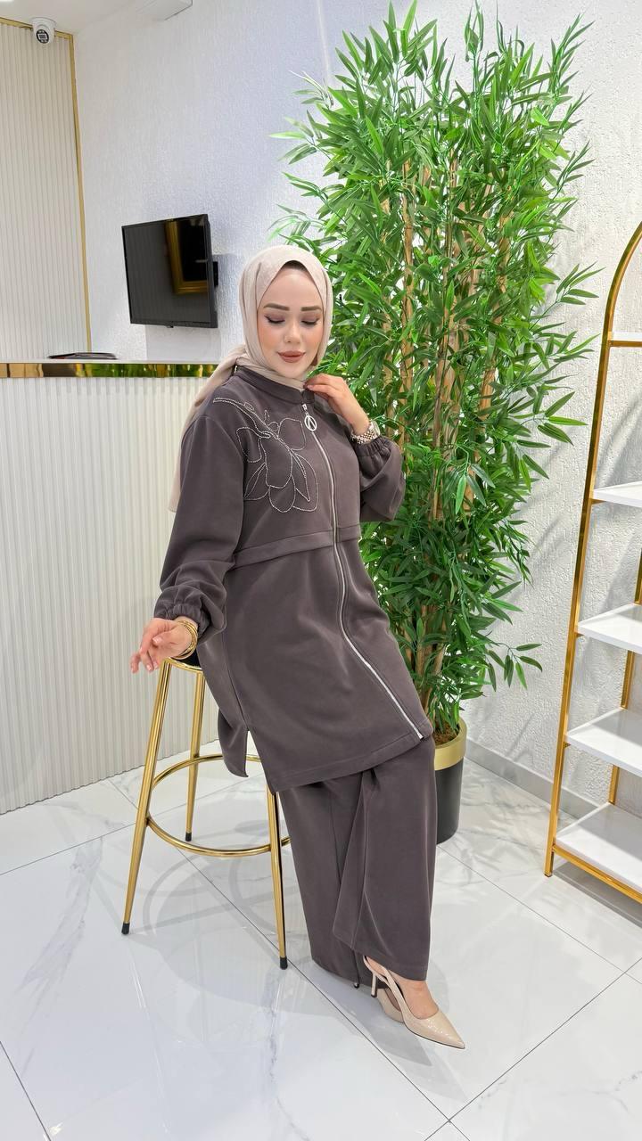 Ayşe Akay Tesettür Büyük Beden İşlemeli Oysho Takım - KAHVE