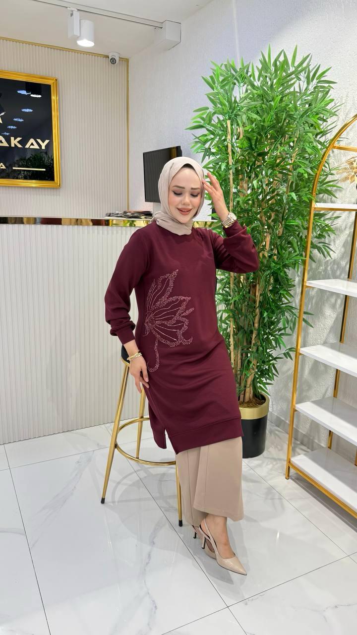 Ayşe Akay Büyük Beden Tesettür Taşlı Tunik - BORDO