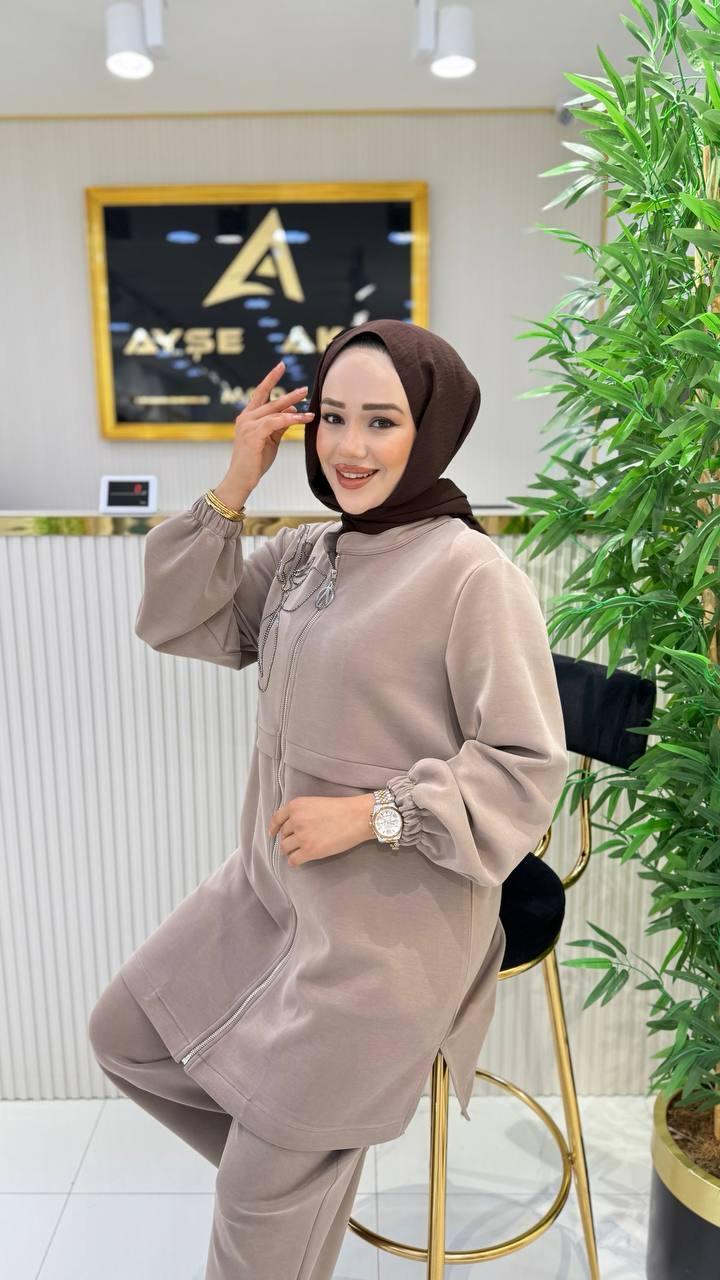 Ayşe Akay Tesettür Büyük Beden İşlemeli Oysho Takım - KREM