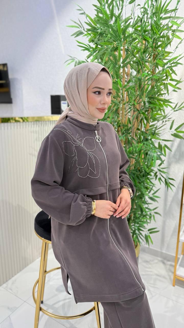 Ayşe Akay Tesettür Büyük Beden İşlemeli Oysho Takım - KAHVE