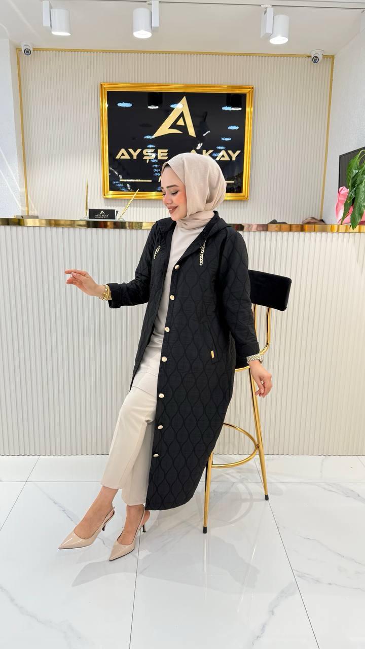 Ayşe Akay Büyük Beden Tesettür Kapüşonlu Kap - SİYAH
