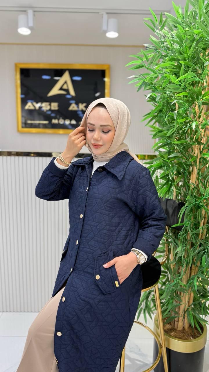  Ayşe Akay Büyük Beden Tesettür Giyim Düğmeli Kap - LACİVERT
