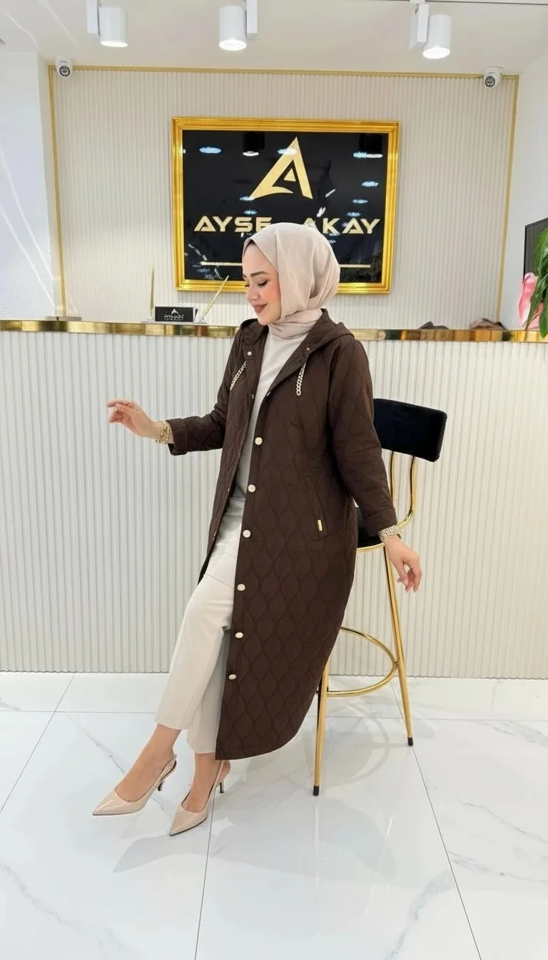 Ayşe Akay Büyük Beden Tesettür Kapüşonlu Kap - ACI KAHVE