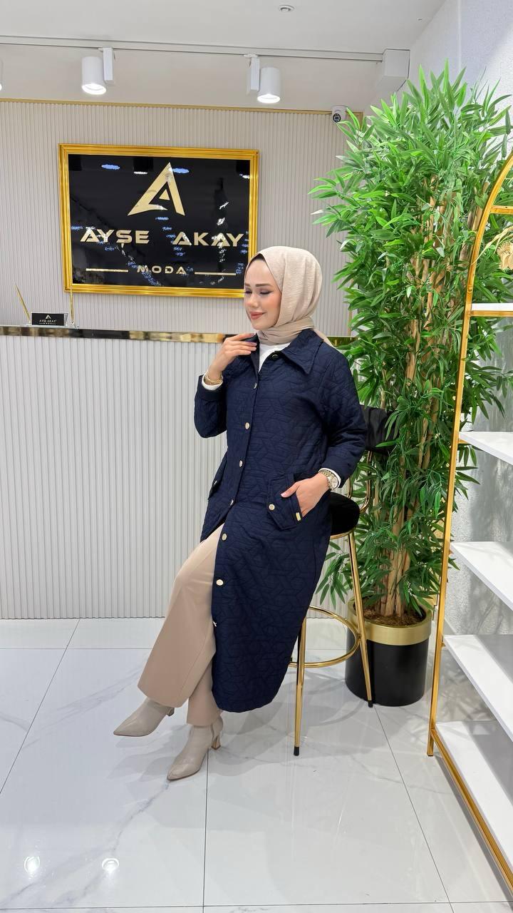 Ayşe Akay Büyük Beden Tesettür Giyim Düğmeli Kap - LACİVERT