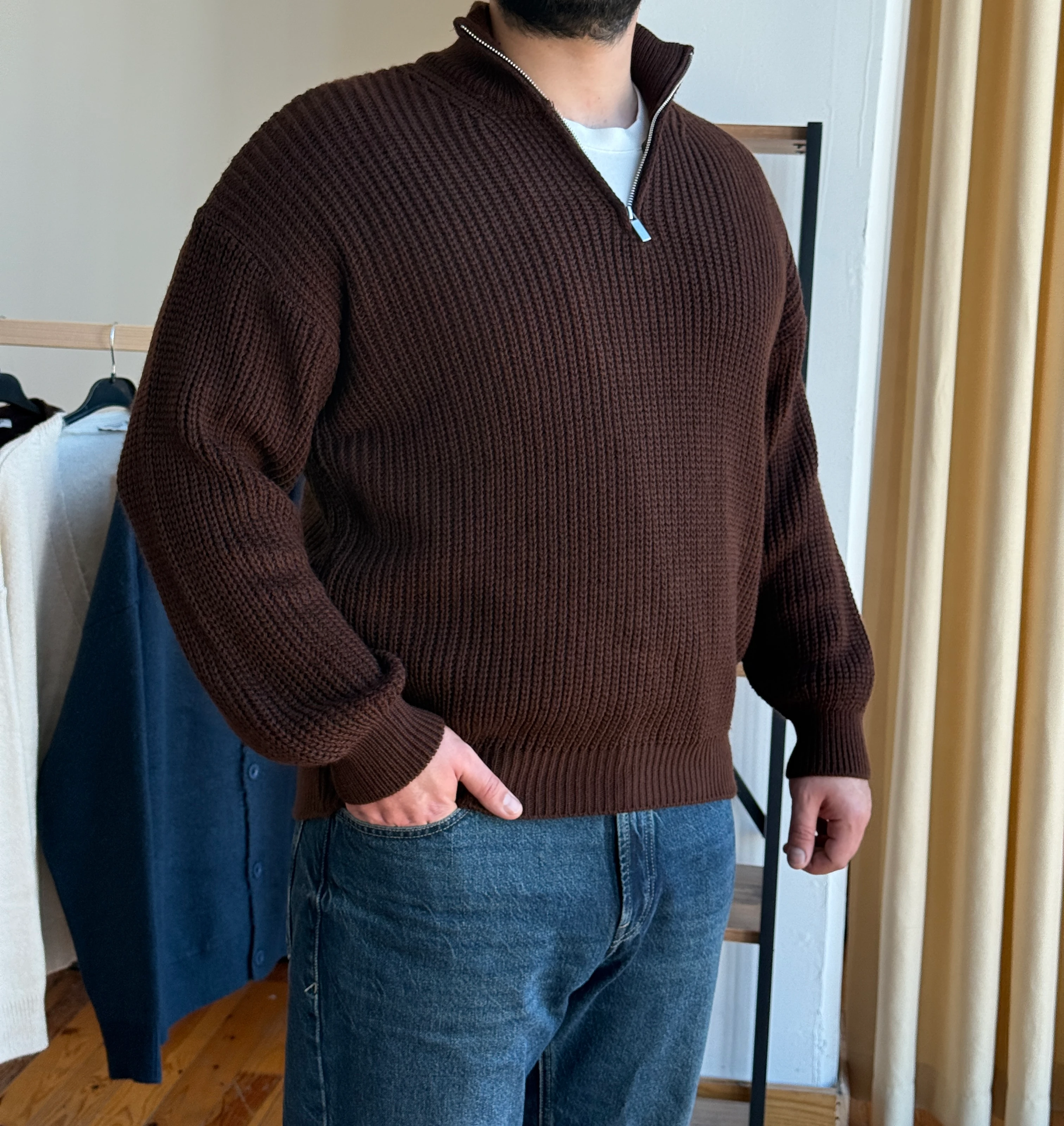 Fermuarlı Triko Kazak - Kahverengi