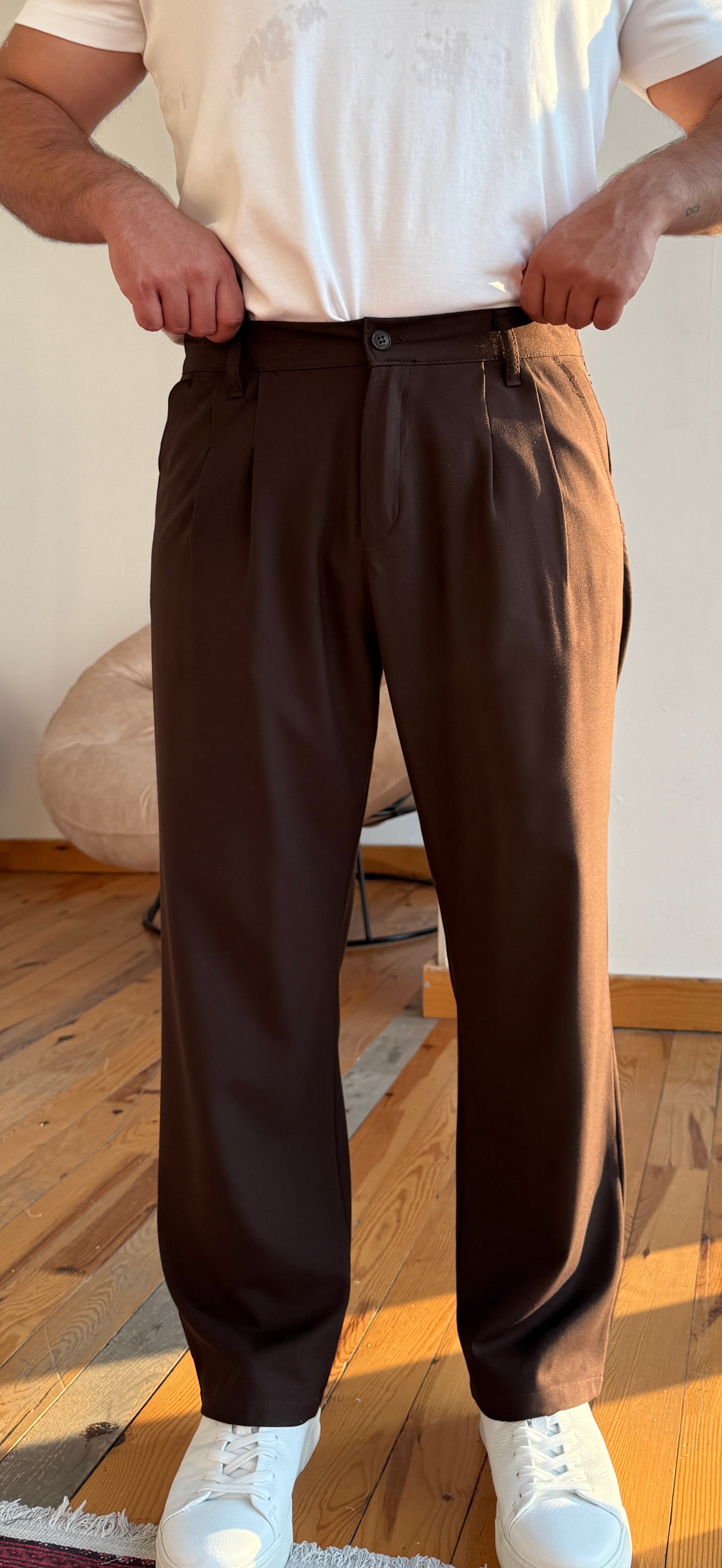 Belden Lastikli Baggy Pantolon  - Kahverengi