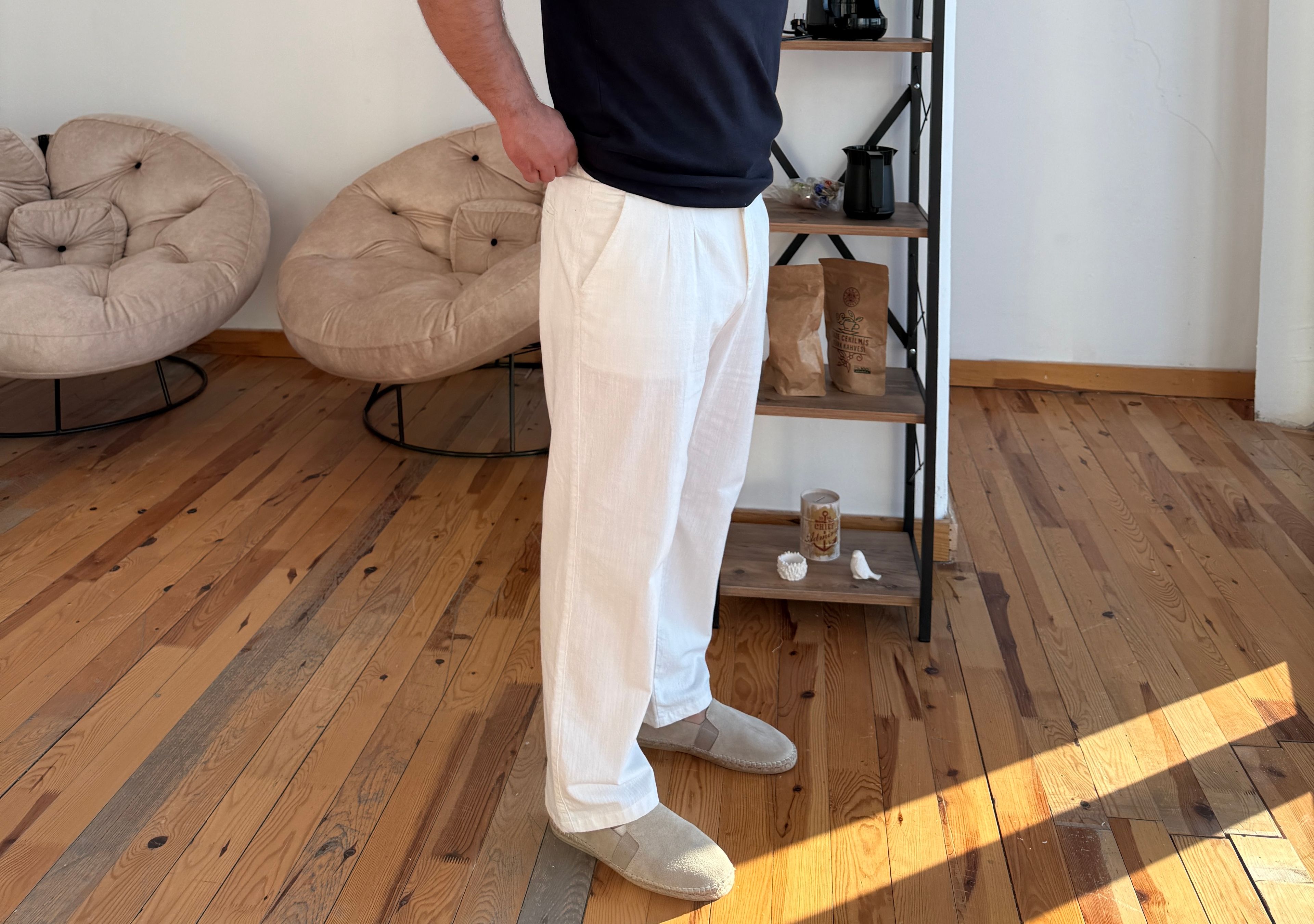 Belden Lastikli Keten Pantalon - Beyaz