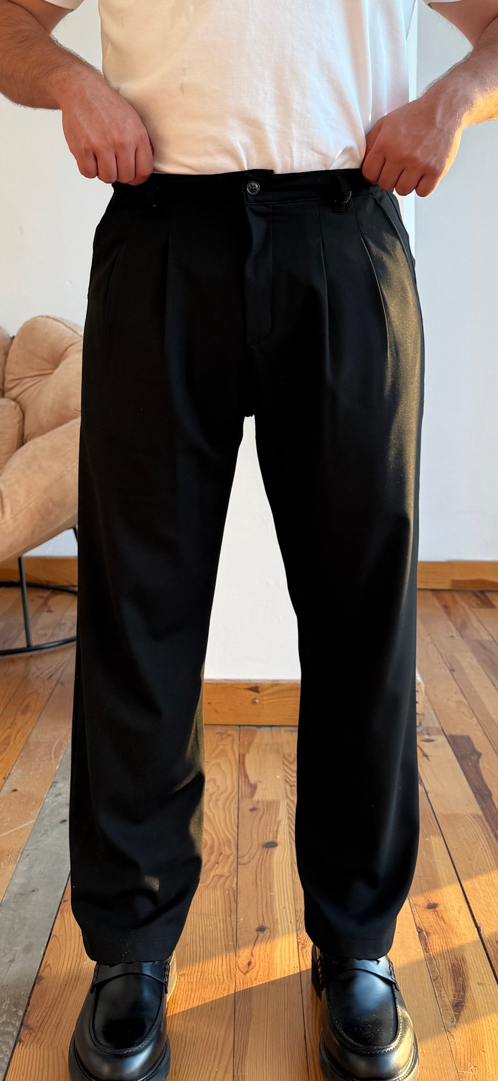 Belden Lastikli Baggy Pantolon  - Siyah