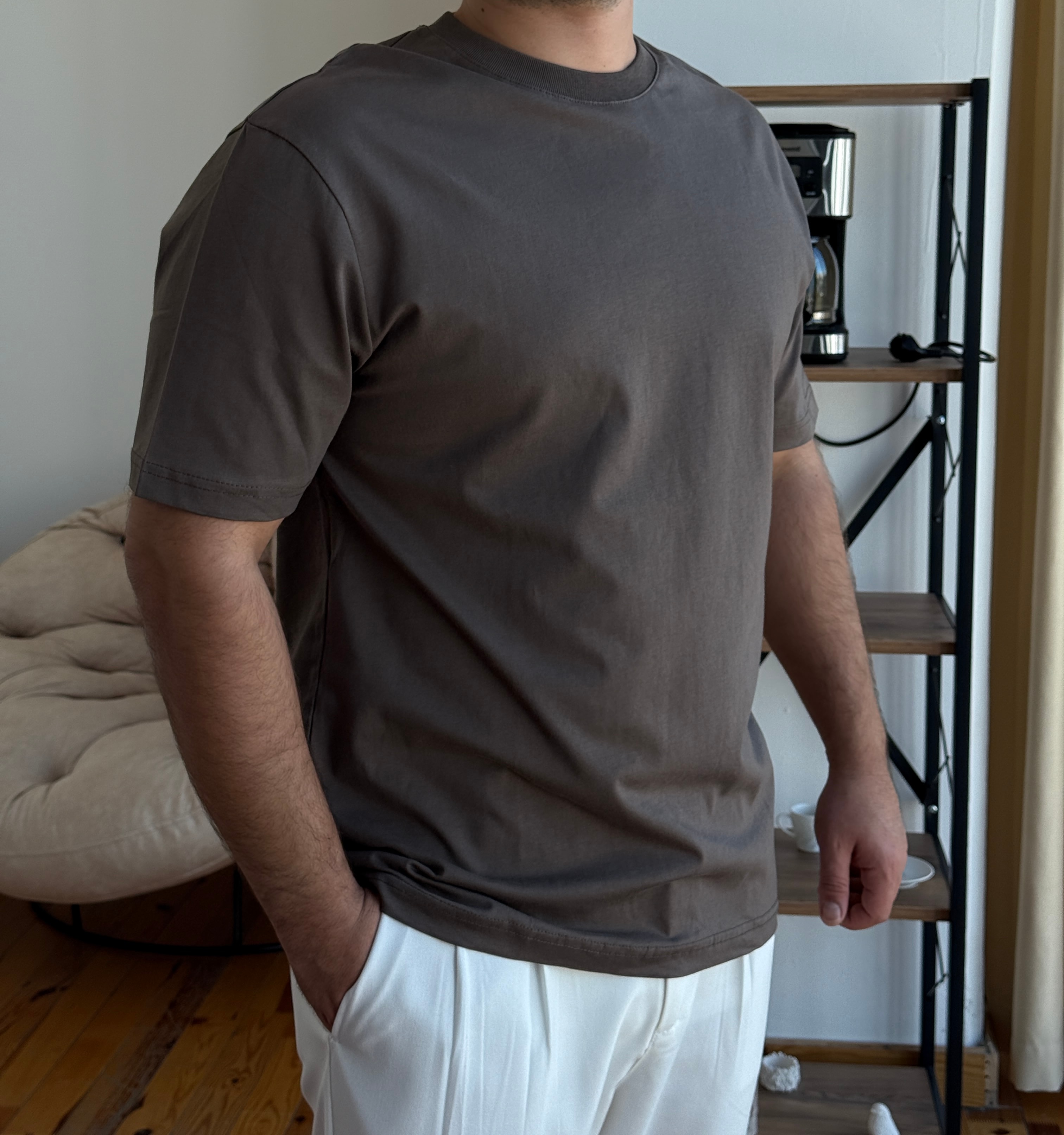 Basic Pamuk Penye Tshirt - Bronz Kahve