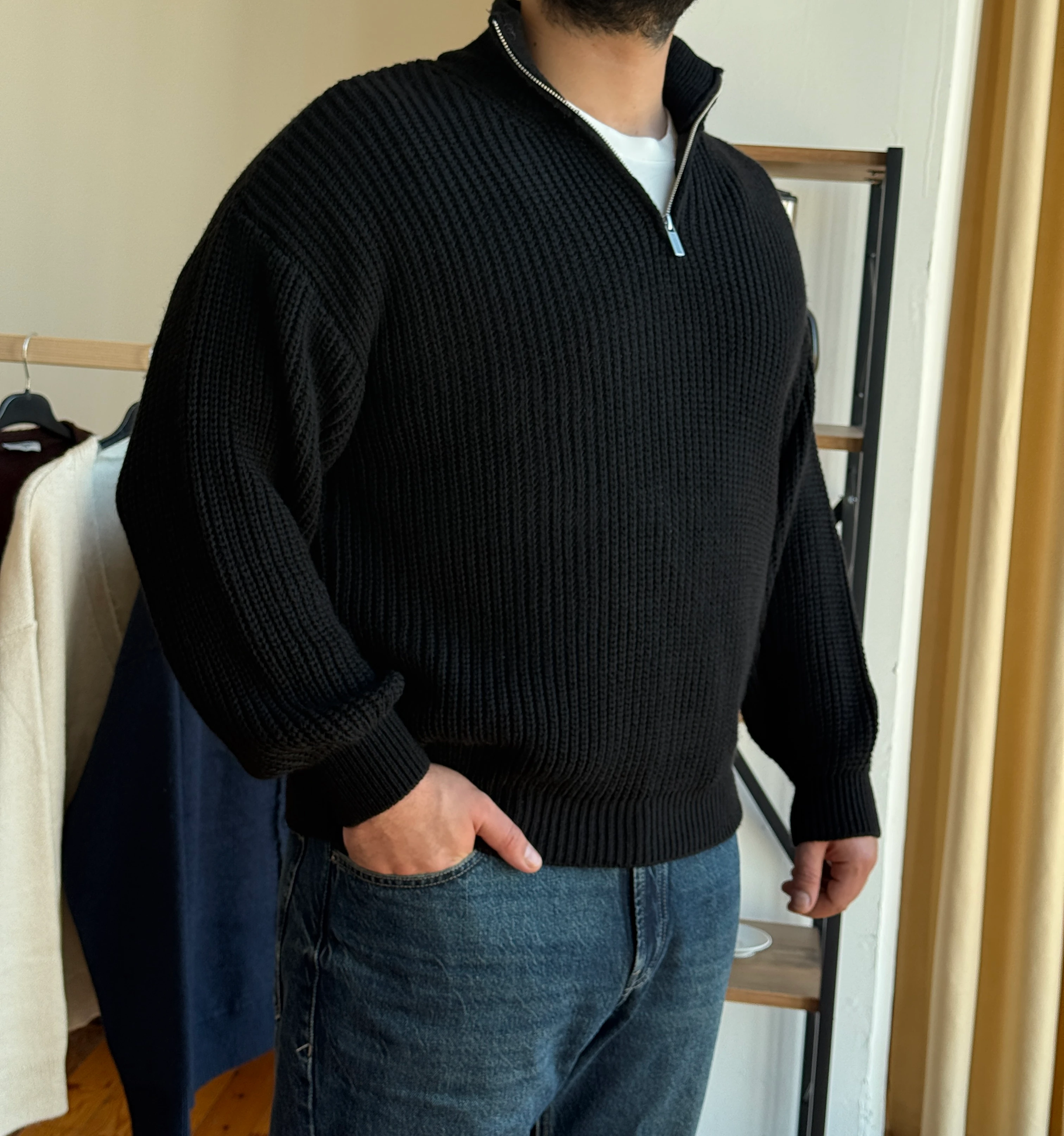 Fermuarlı Triko Kazak - Siyah