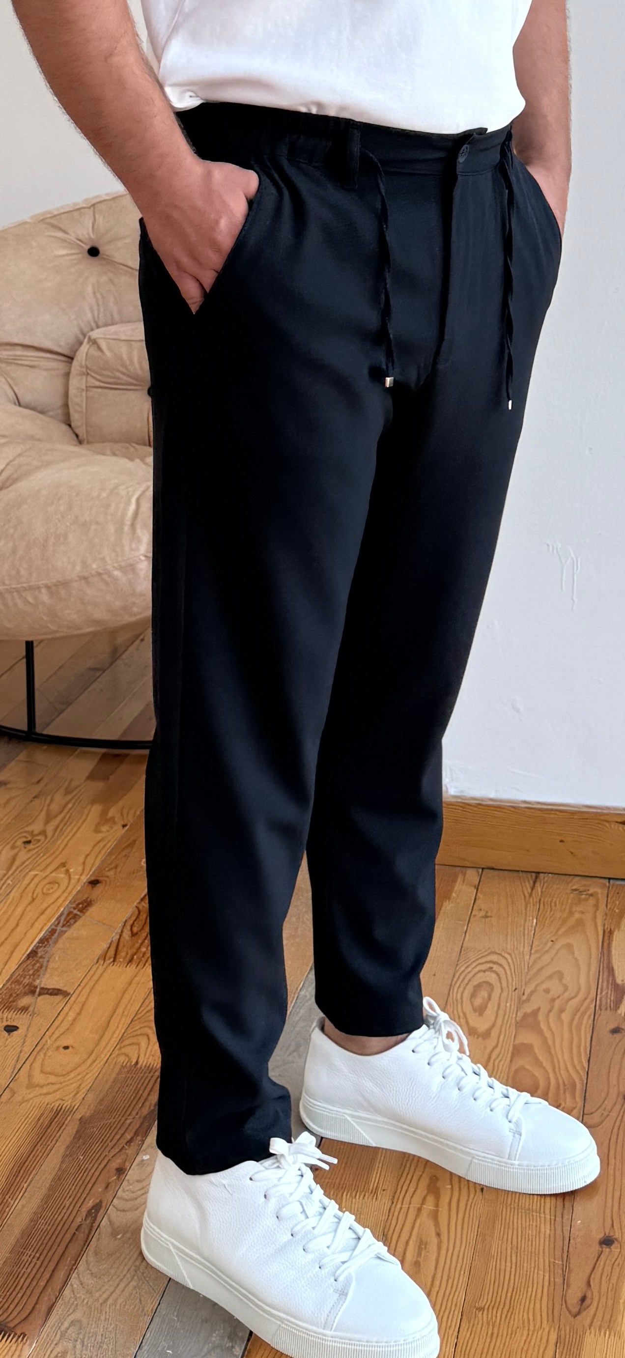 Beli Lastikli İpli Kumaş Pantalon - Lacivert