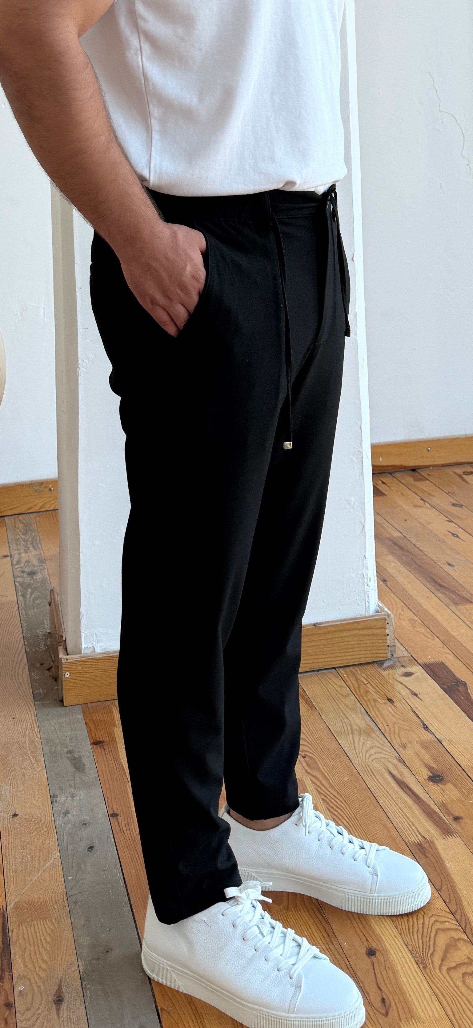 Beli Lastikli İpli Kumaş Pantalon - Siyah