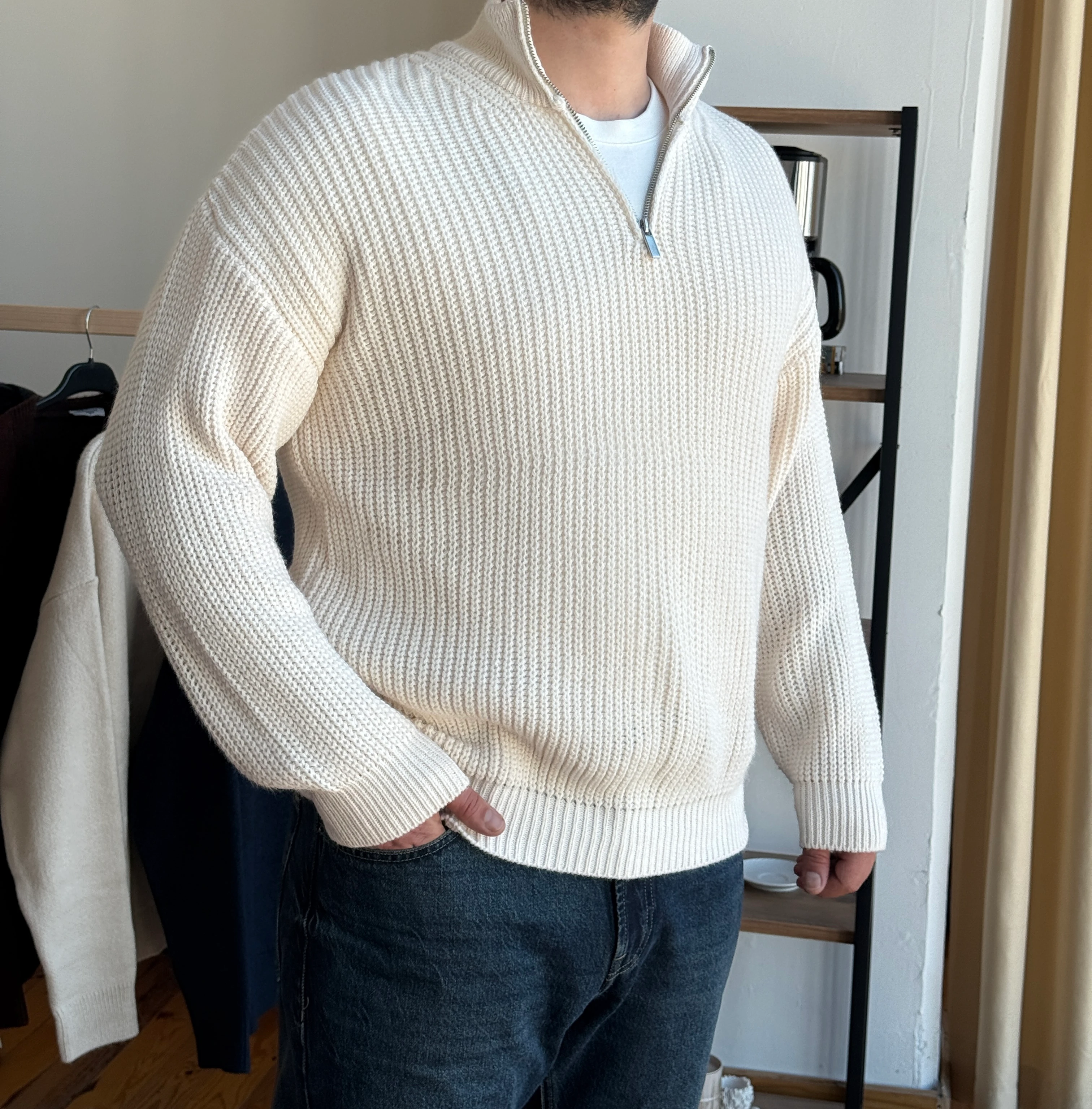 Fermuarlı Triko Kazak - Ekru