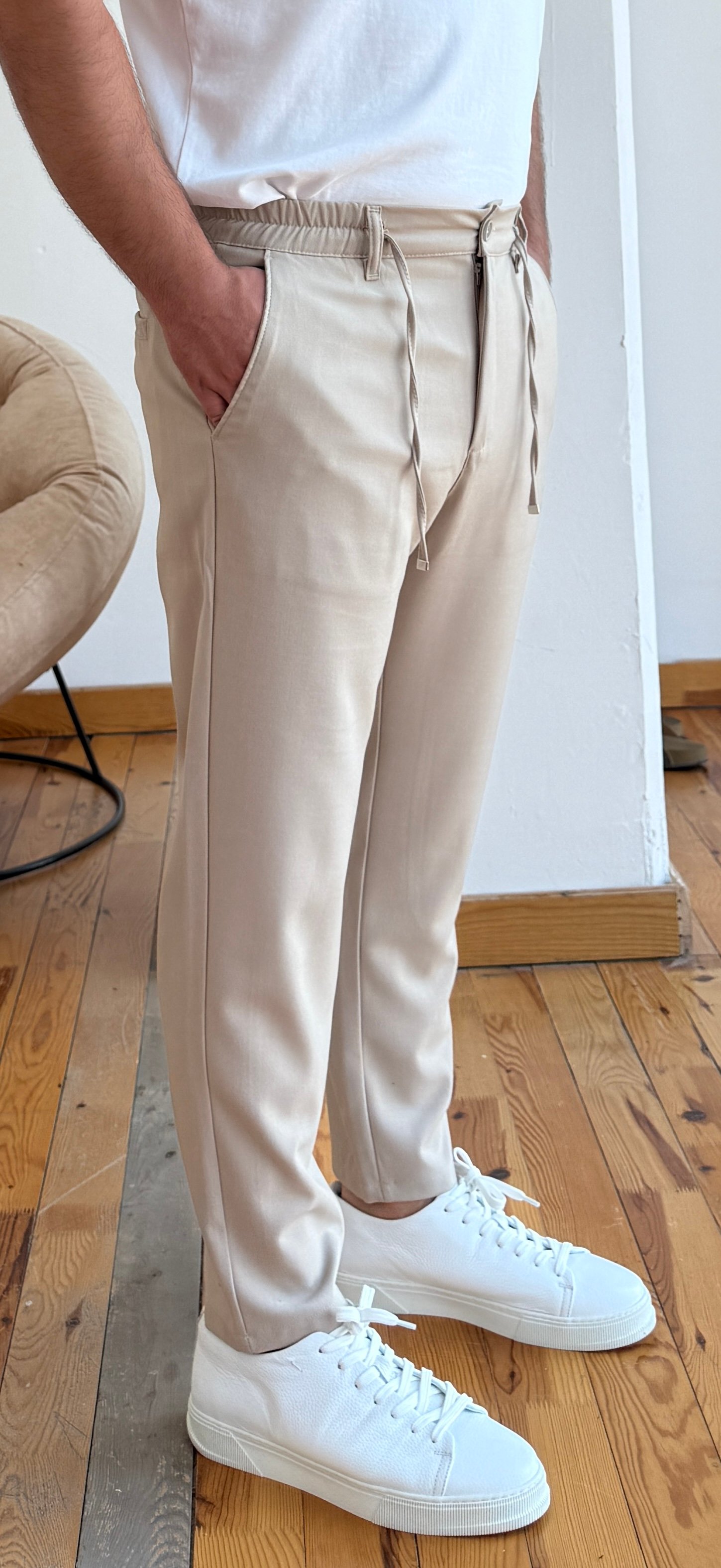 Beli Lastikli İpli Kumaş Pantalon - Taş