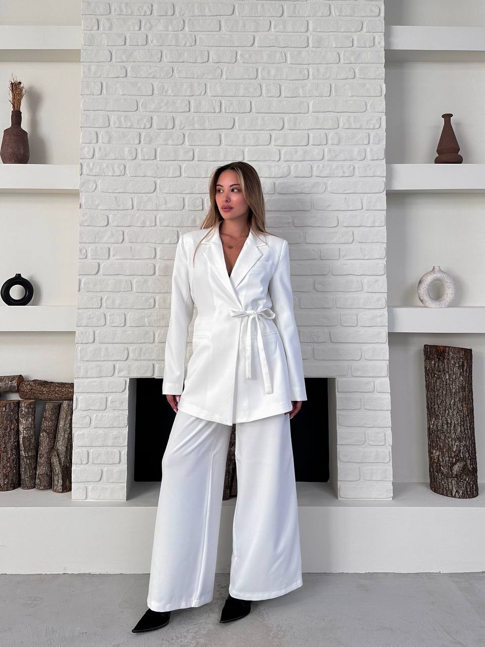 Kemerli Blazer Palazzo Takım Beyaz