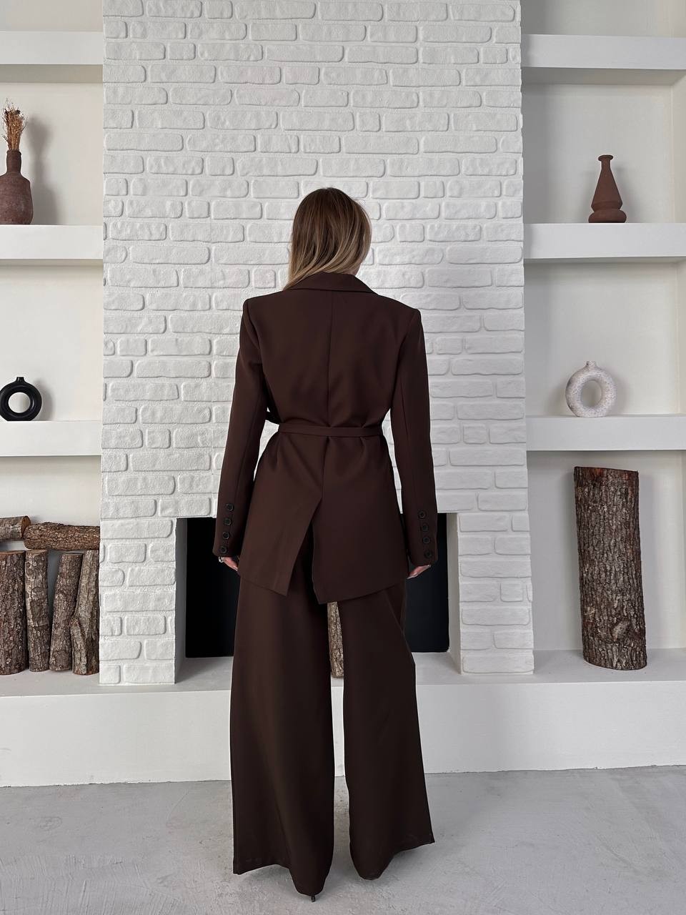 Kemerli Blazer Palazzo Takım Kahverengi