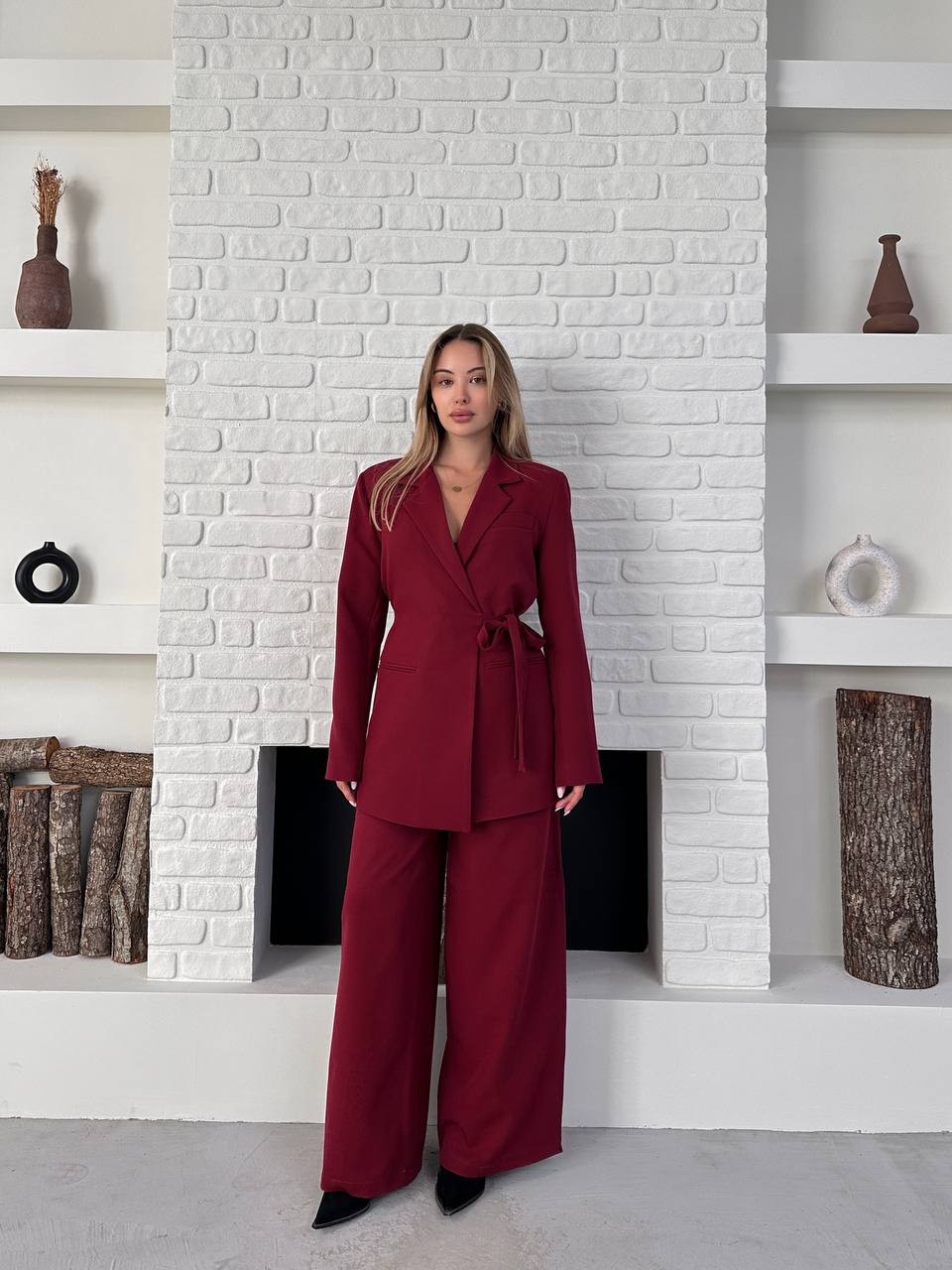 Kemerli Blazer Palazzo Takım Bordo