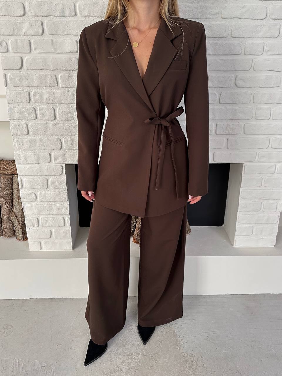 Kemerli Blazer Palazzo Takım Kahverengi