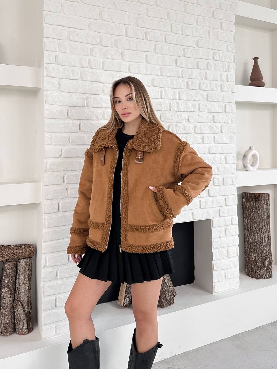 Peluş Detaylı Biker Mont Kahverengi