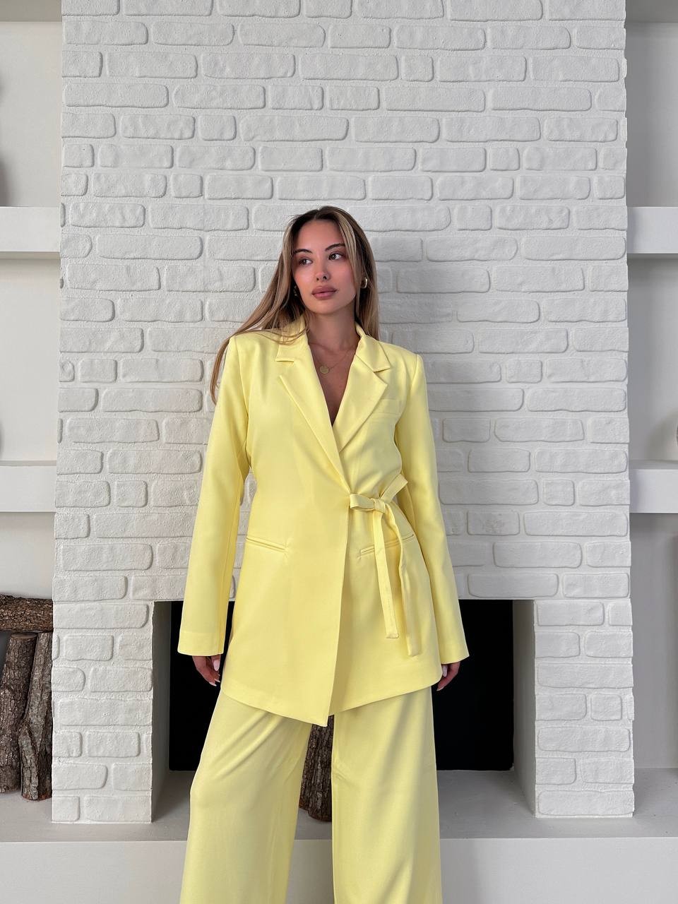 Kemerli Blazer Palazzo Takım Sarı