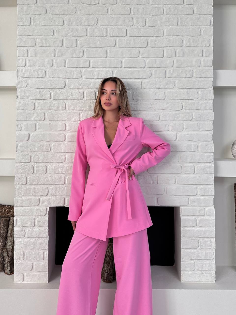 Kemerli Blazer Palazzo Takım Pembe