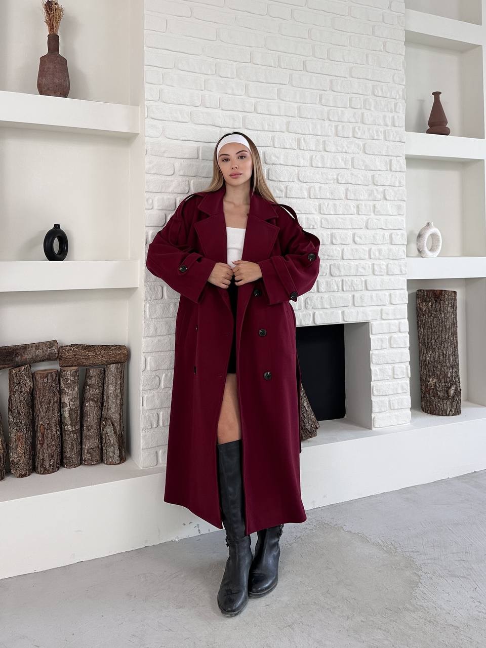 Çift Düğmeli Kuşaklı Uzun Kaban Bordo