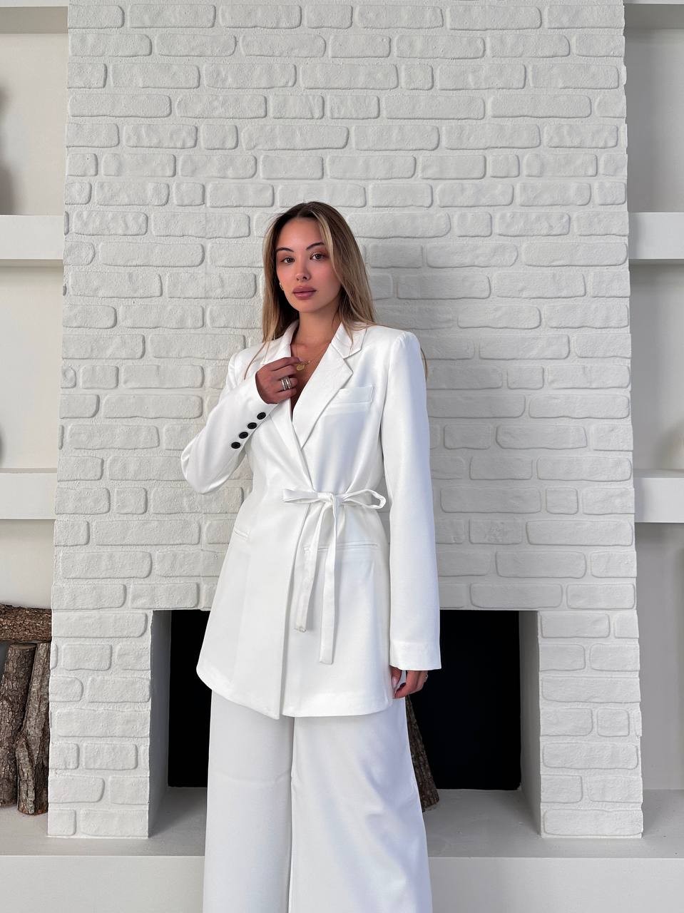 Kemerli Blazer Palazzo Takım Beyaz