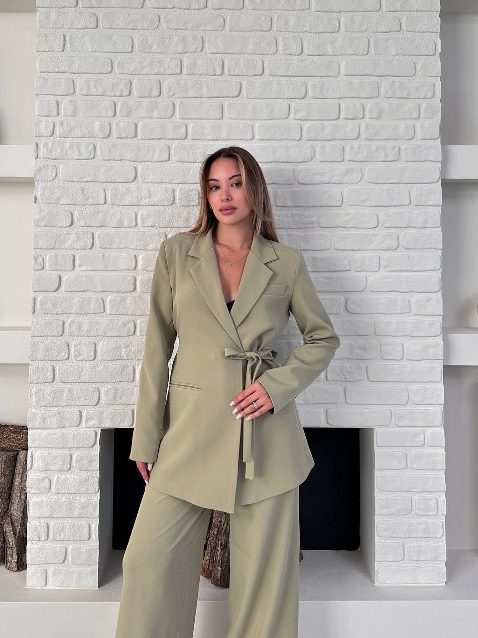 Kemerli Blazer Palazzo Takım Açık Yeşil