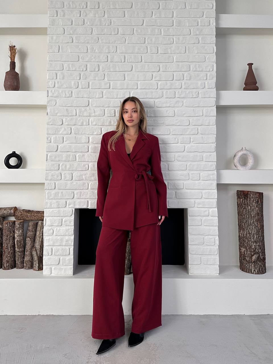 Kemerli Blazer Palazzo Takım Bordo