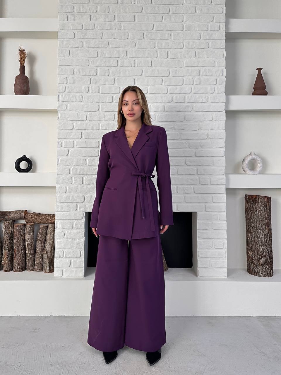Kemerli Blazer Palazzo Takım Eflatun