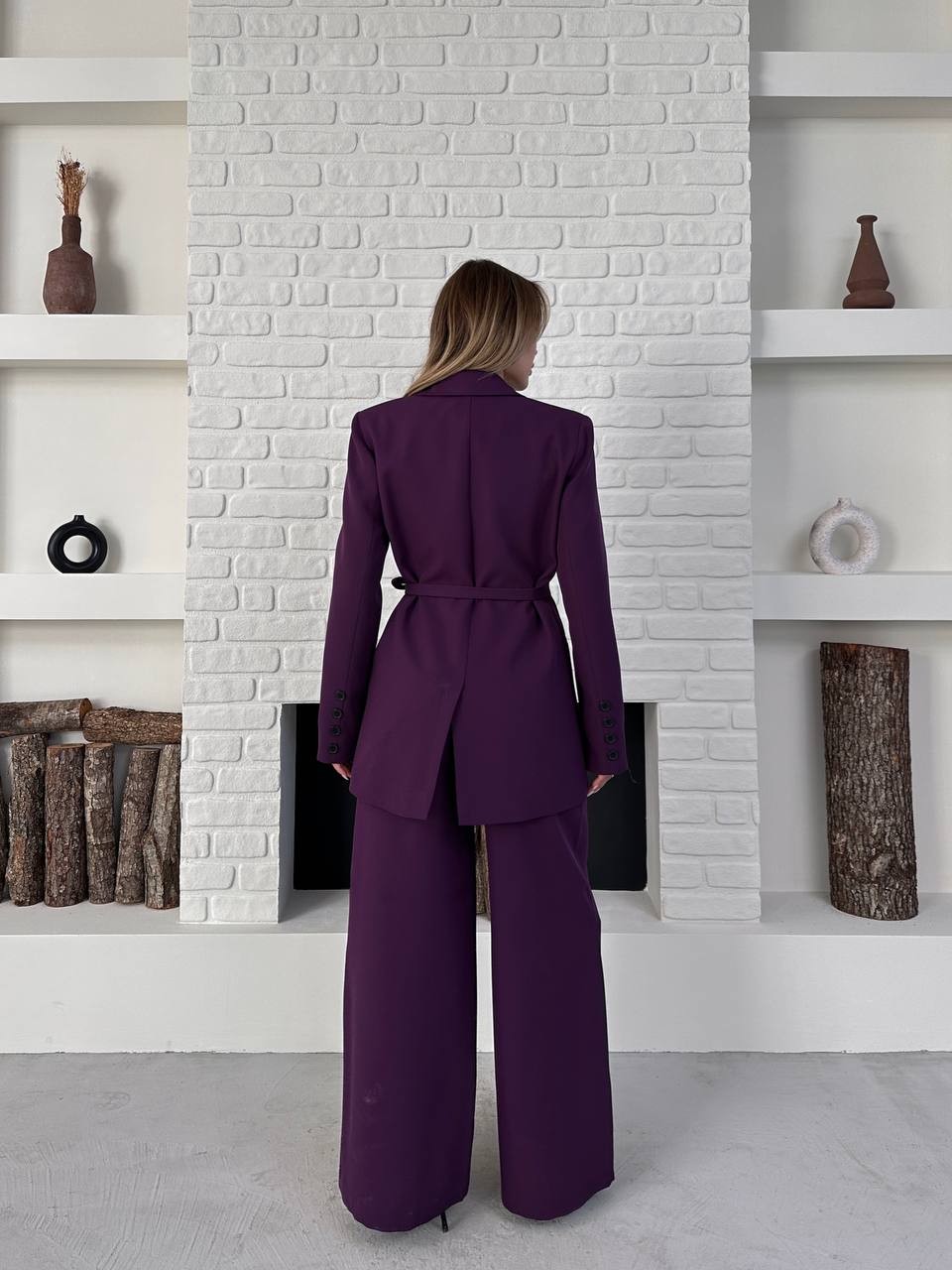 Kemerli Blazer Palazzo Takım Eflatun