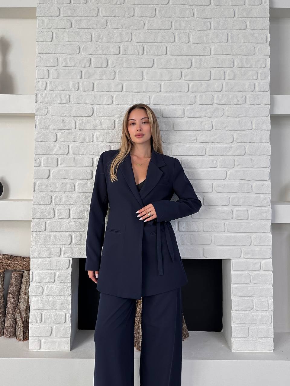 Kemerli Blazer Palazzo Takım Lacivert