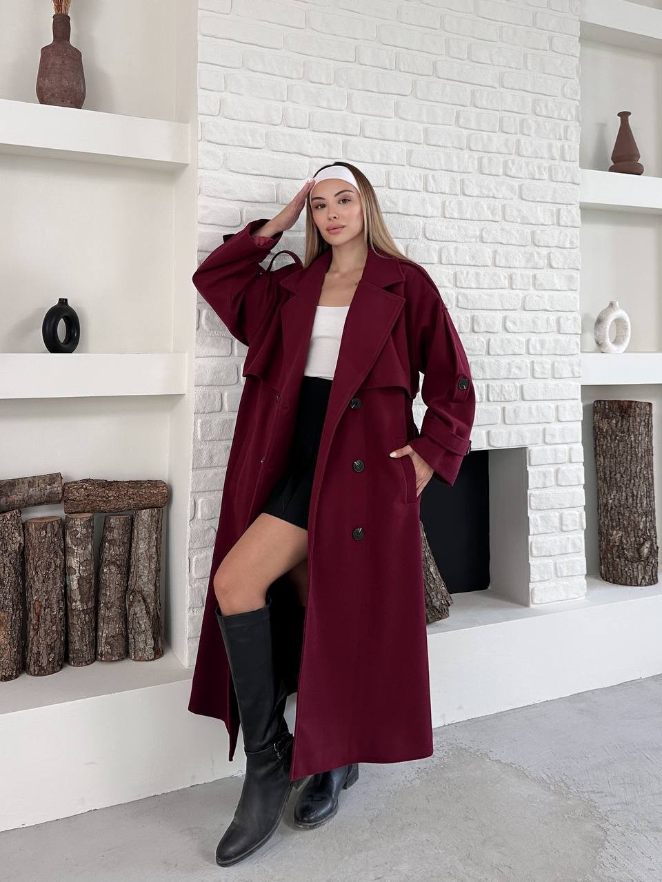 Çift Düğmeli Kuşaklı Uzun Kaban Bordo