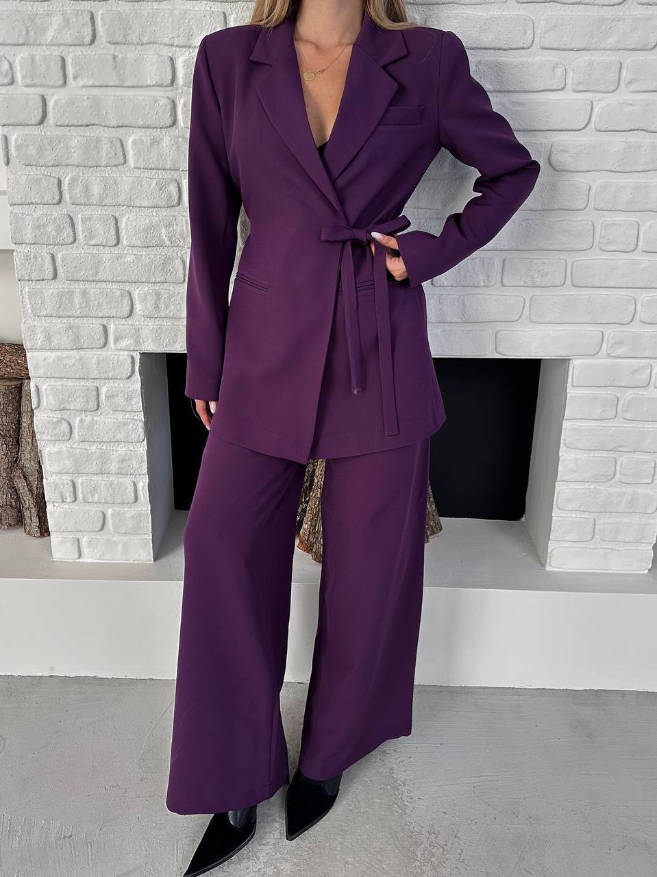 Kemerli Blazer Palazzo Takım Eflatun