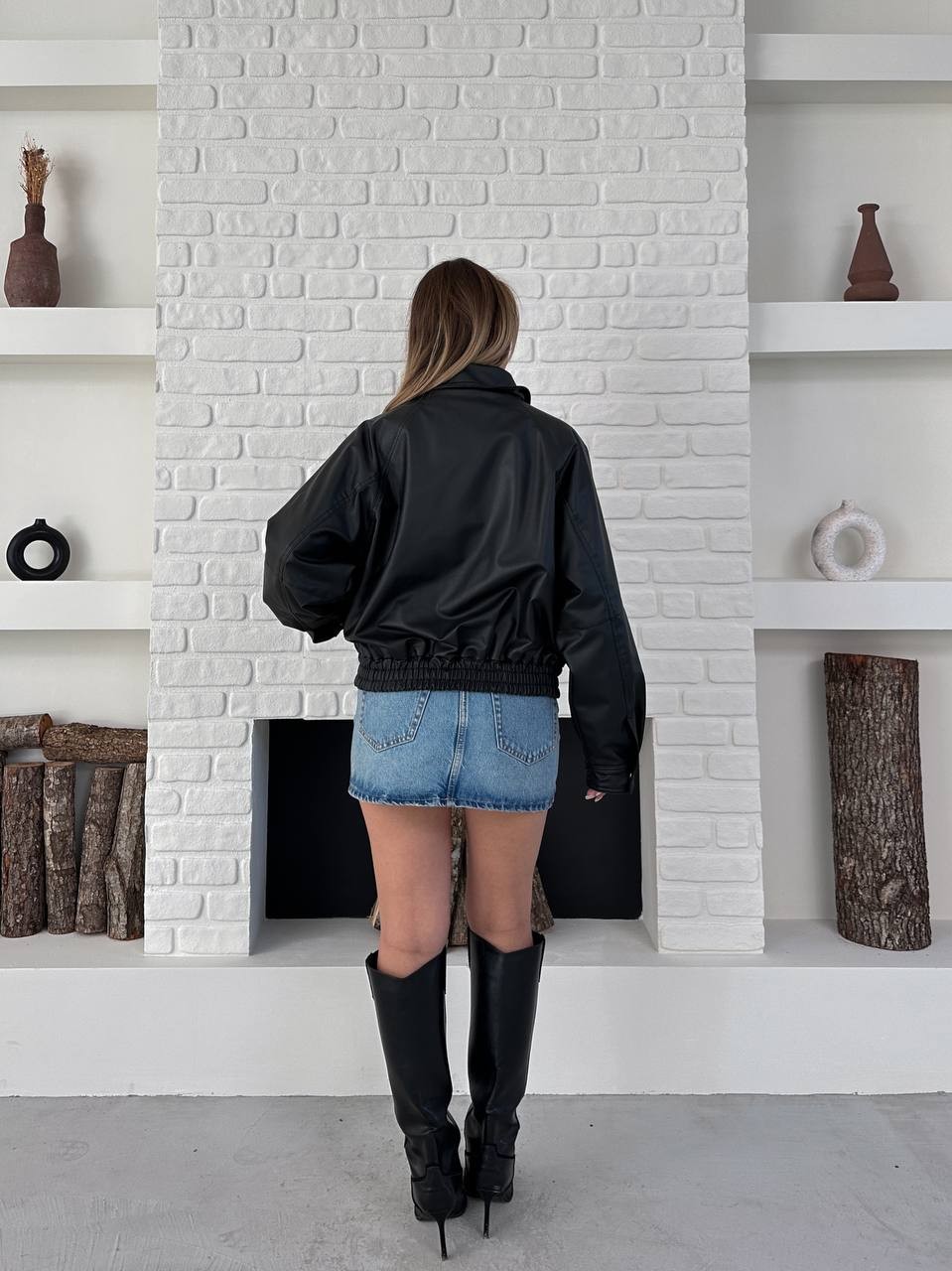 Crop Deri Bomber Ceket Siyah