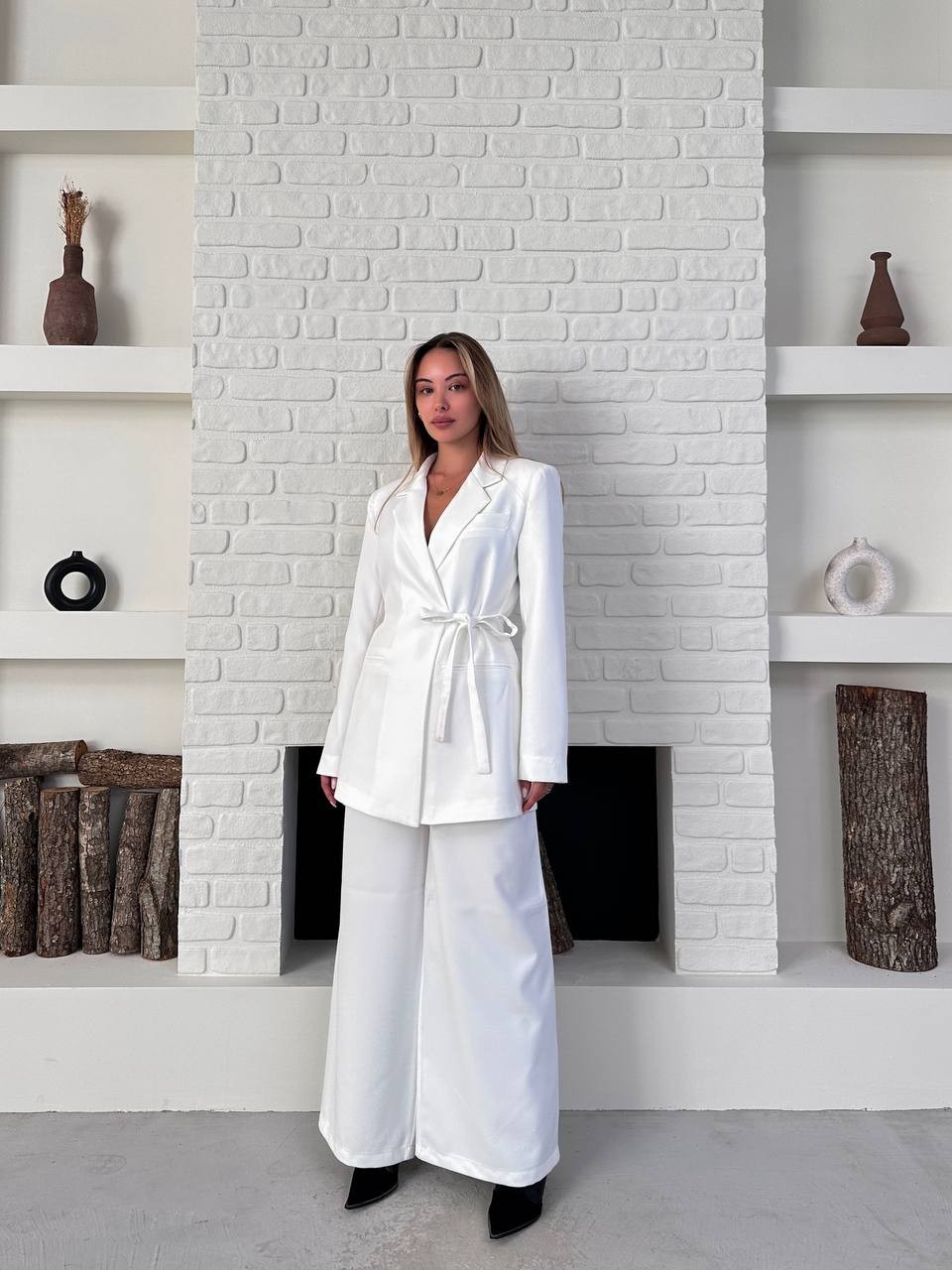 Kemerli Blazer Palazzo Takım Beyaz