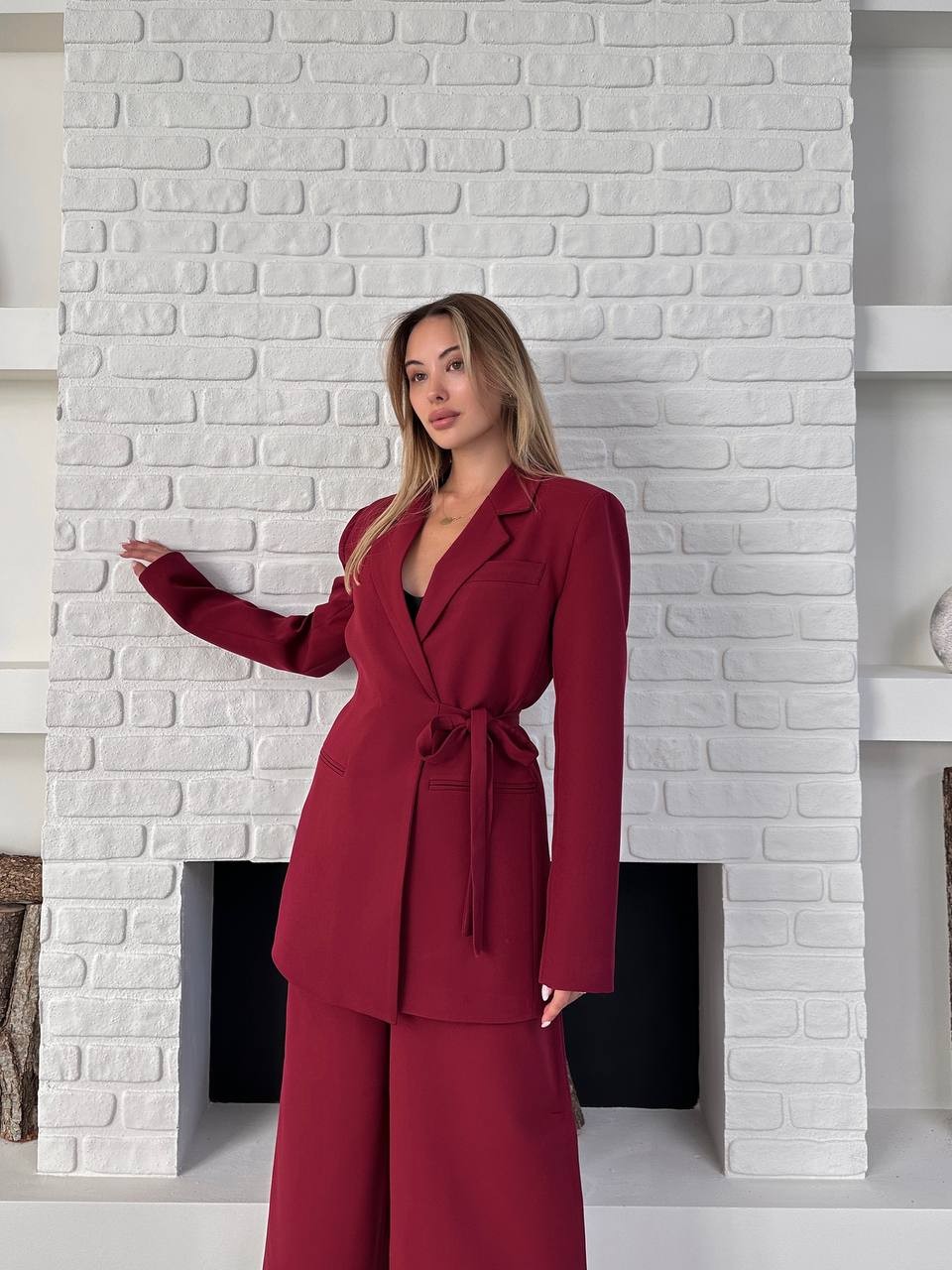 Kemerli Blazer Palazzo Takım Bordo
