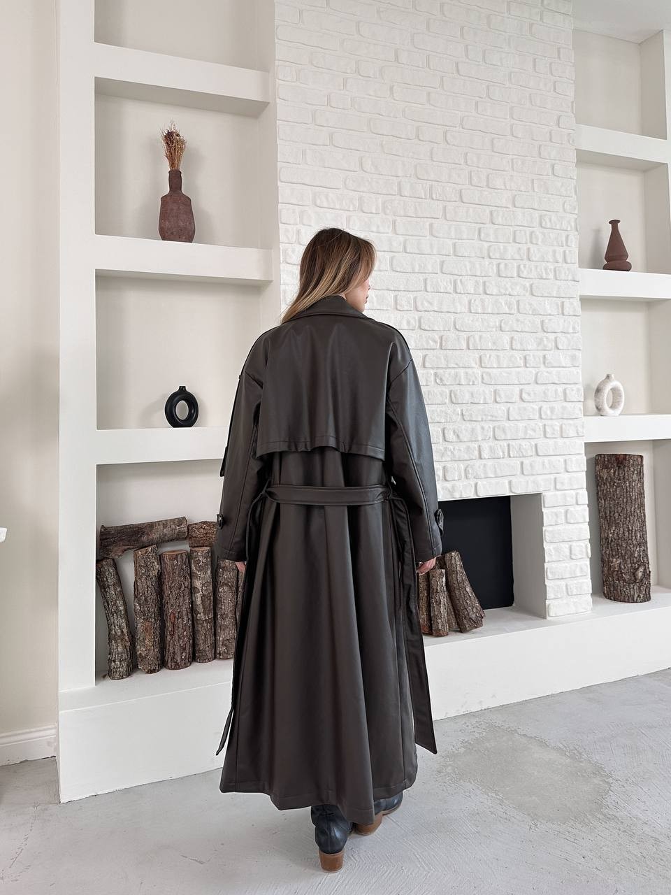 Maxi Oversize Deri Trençkot Kahverengi