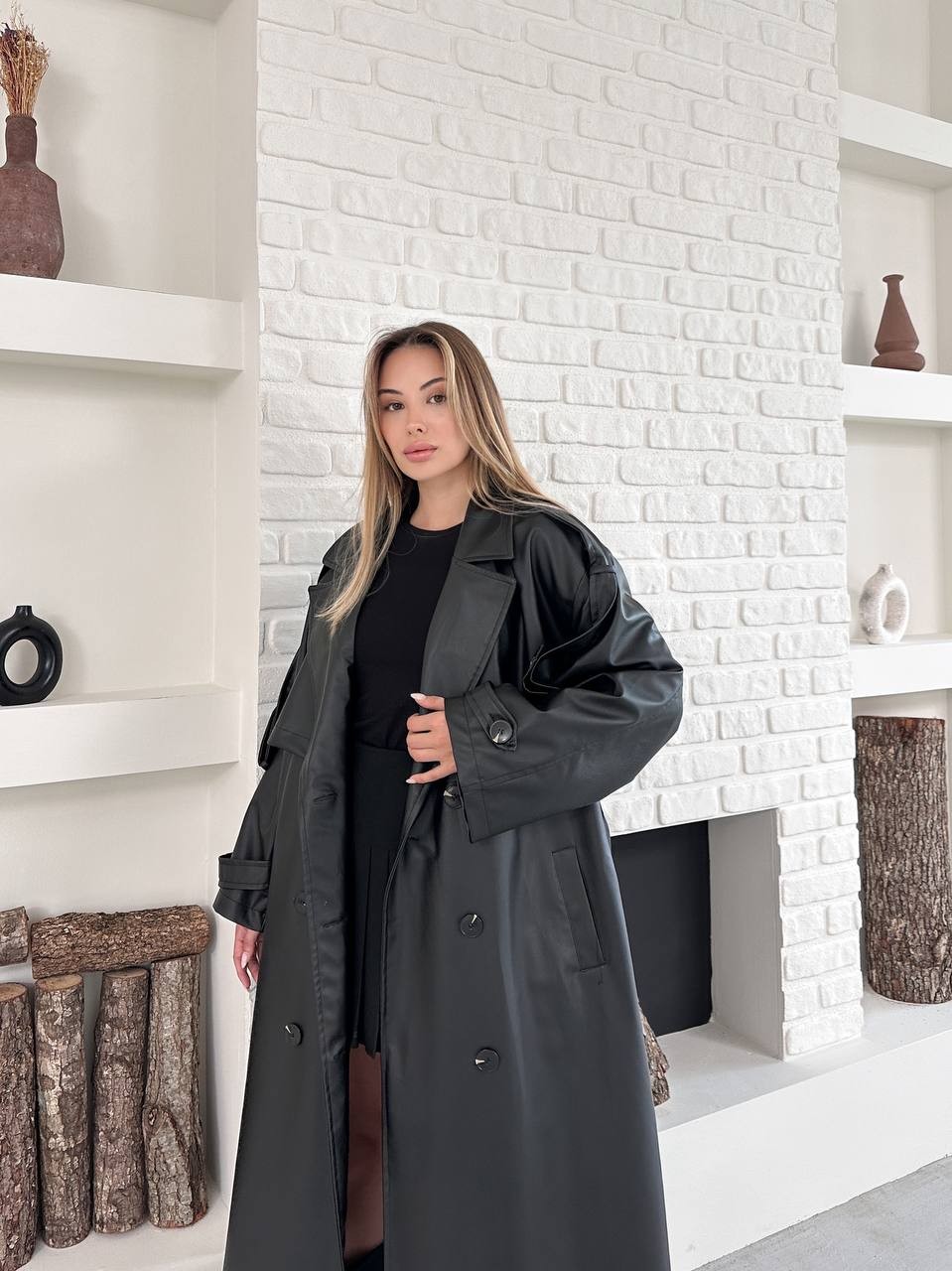 Maxi Oversize Deri Trençkot Siyah