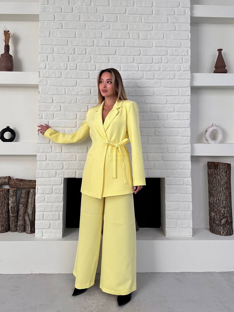 Kemerli Blazer Palazzo Takım Sarı