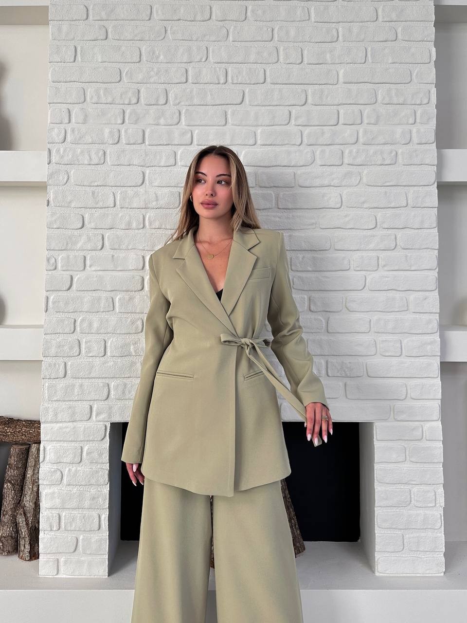 Kemerli Blazer Palazzo Takım Açık Yeşil