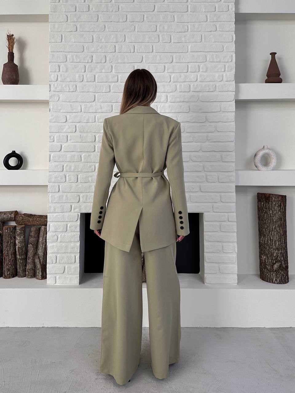 Kemerli Blazer Palazzo Takım Açık Yeşil