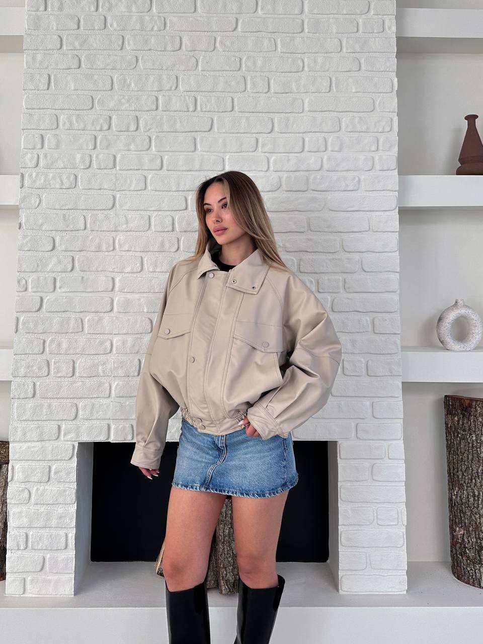 Crop Deri Bomber Ceket Krem