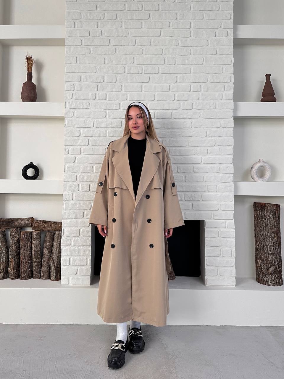 Düğme Detaylı Kuşaklı Trençkot Bej