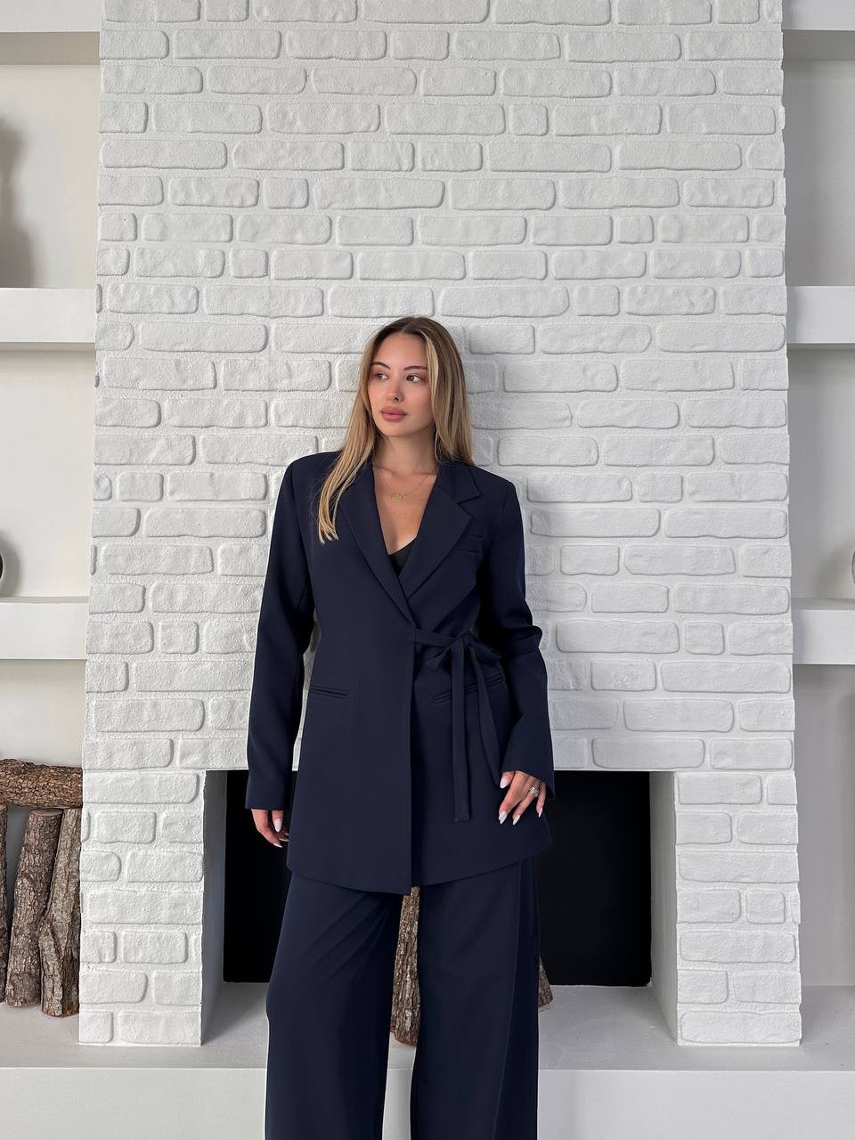 Kemerli Blazer Palazzo Takım Lacivert