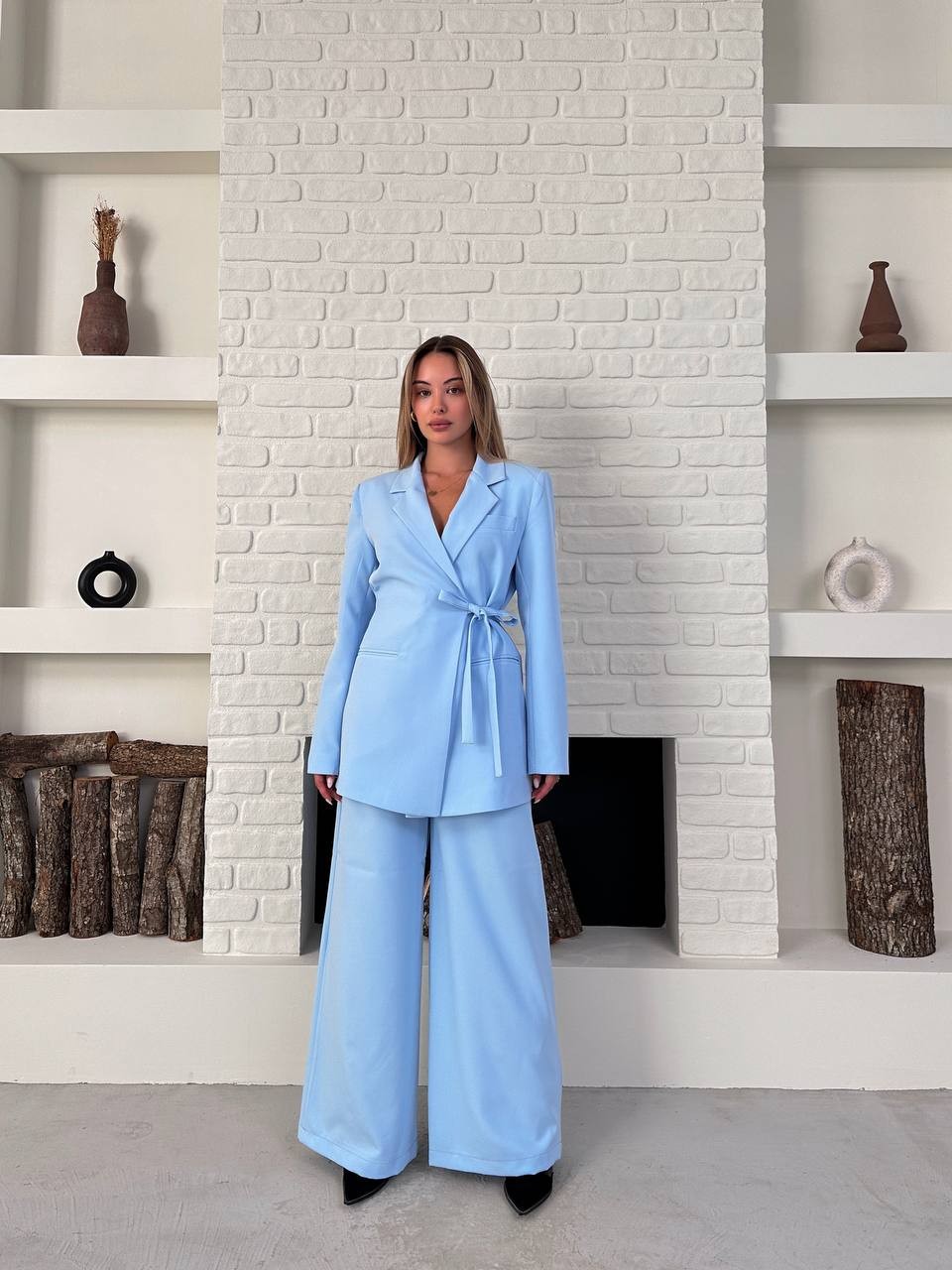 Kemerli Blazer Palazzo Takım Bebe Mavisi