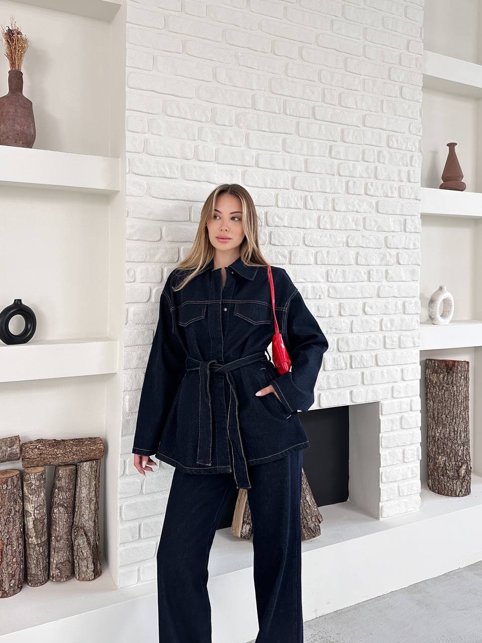 Kemerli Denim Takım Kot