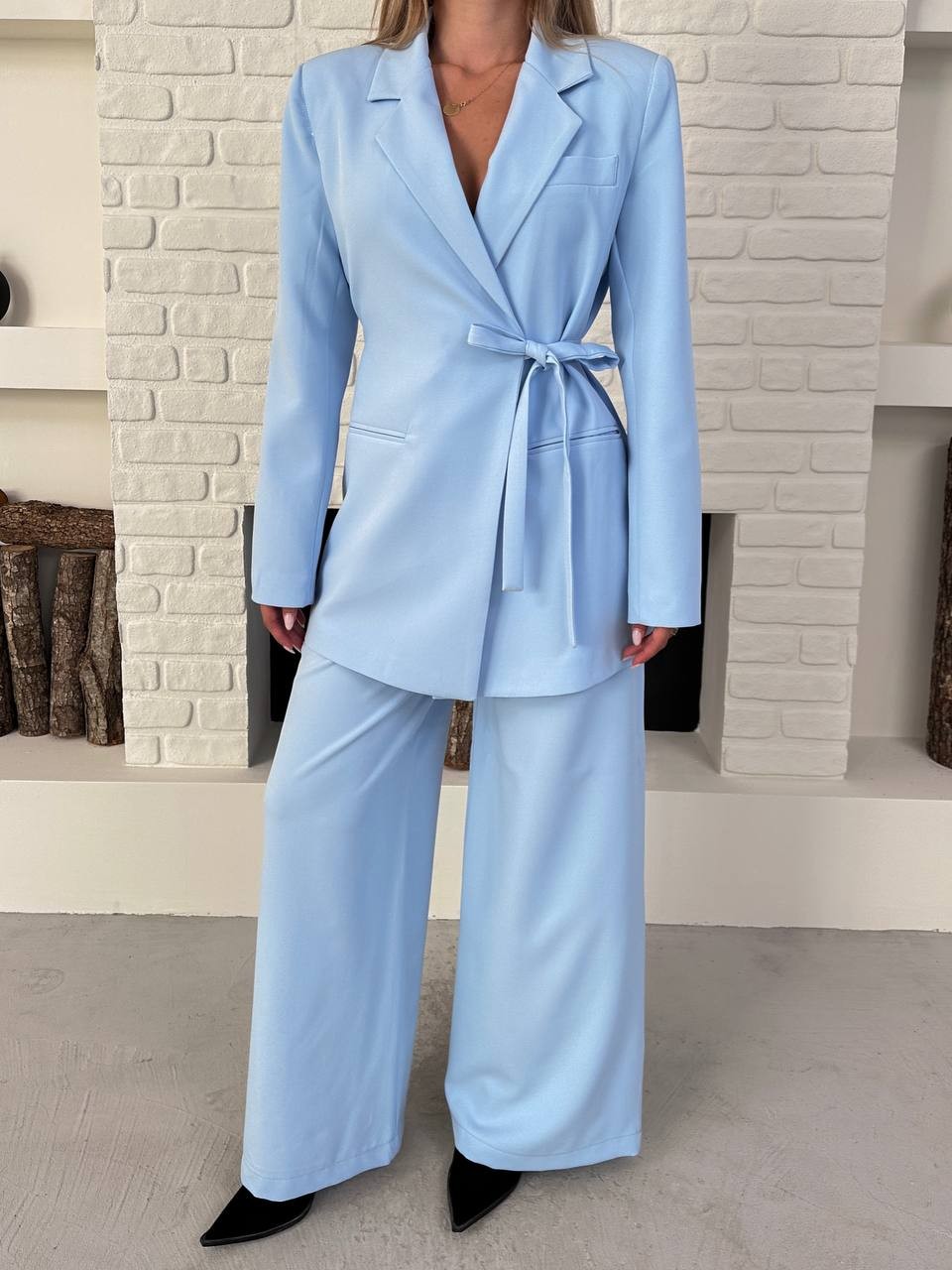 Kemerli Blazer Palazzo Takım Bebe Mavisi
