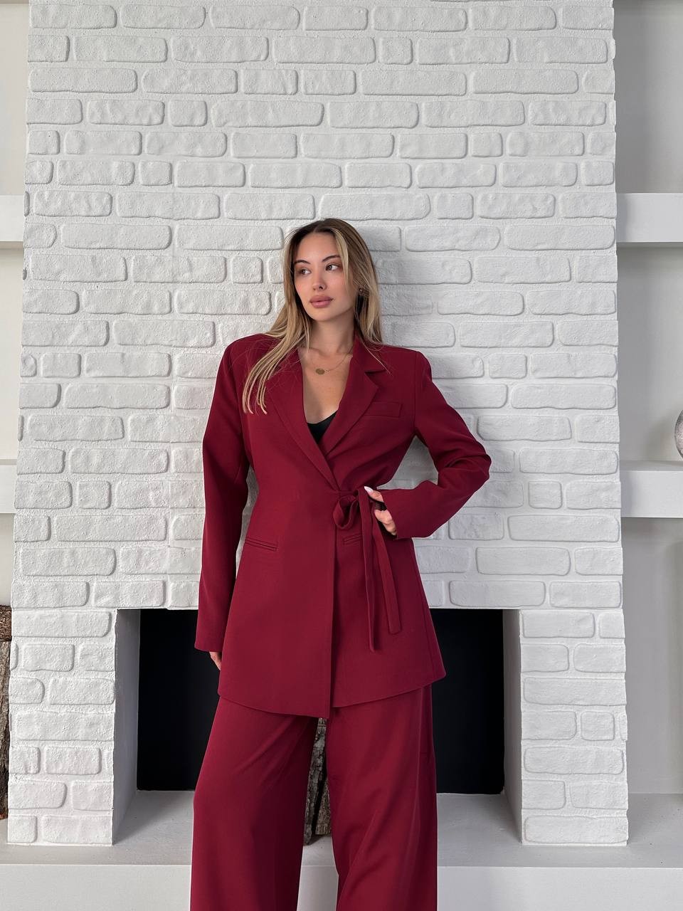 Kemerli Blazer Palazzo Takım Bordo