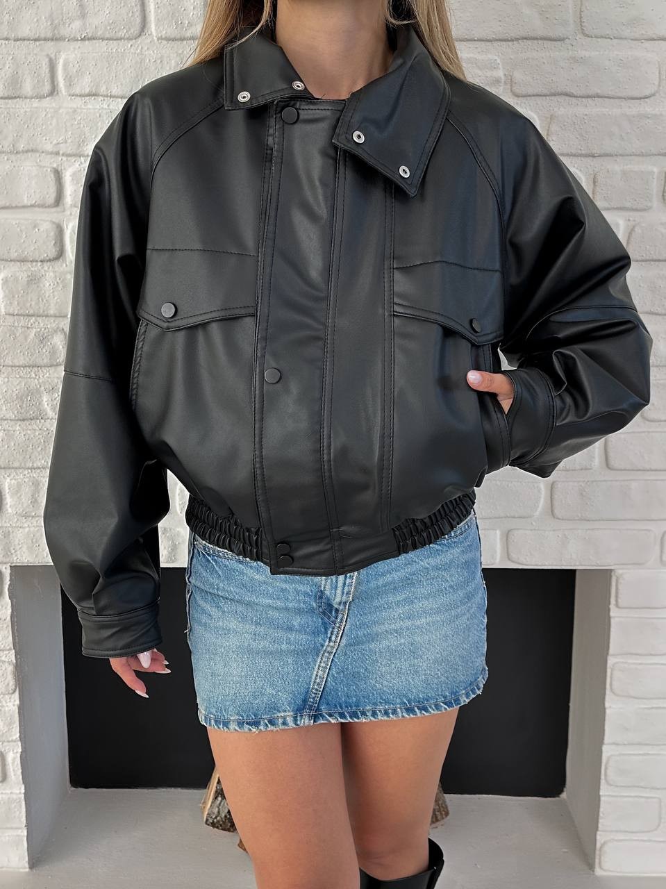 Crop Deri Bomber Ceket Siyah